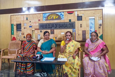 Anganwadi Union Secretary Sunanda addressing media persons