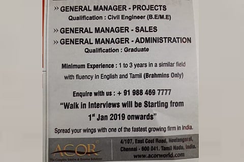 Slammed for casteist 'Brahmins Only' job ad, Chennai co calls it ‘human error’