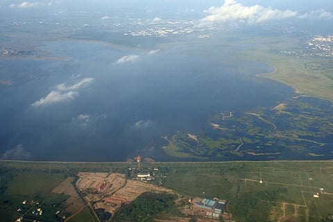 Aerial view of Chembarambakkam lake in the outskirts of Chennai