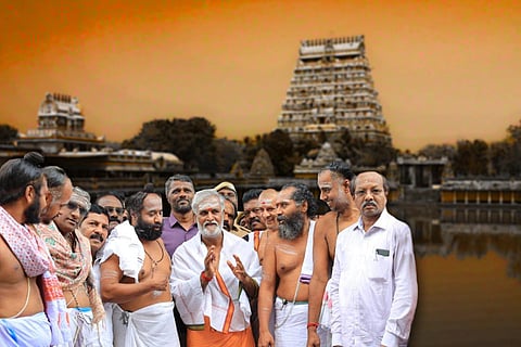 Tamil Nadu HR&CE minister PK Sekar Babu with Dikshithars of the Chidambaram Nataraja temple with the temple in the backdrop