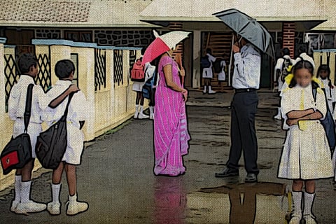 A posterised image of a rainy day at a school where children and parents are seen with umbrellas