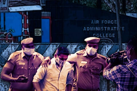 Rape Accused IAF Officer l Amitesh from the Air Force Administrative College in Coimbatore being brought to court by two policemen