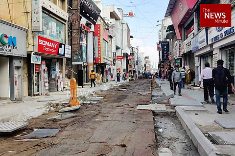 Whitetopping work being done on Commercial Street in Bengaluru