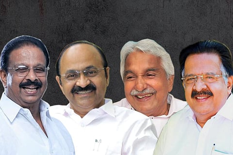 Congress leaders (From left): K Sudhakaran, VD Satheesan, Oommen Chandy, Ramesh Chennithala