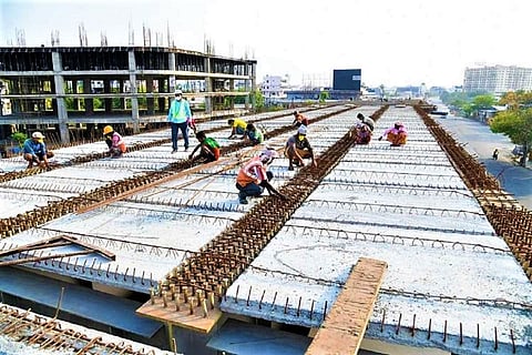 Workers at a construction site in Hyderabad during the COVID-19 lockdown