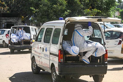 Ambulances transporting bodies of COVID-19 victims in Patiala