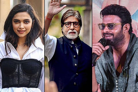 Deepika Padukone on the left, Amitabh Bachchan in the centre and Prabhas on the right.