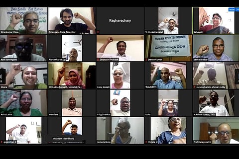 Activists of civil society groups register their protest during a virtual assembly