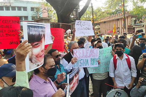 Ramachandra Guha and Sowmya Reddy at Mysore Bank Circle where protests against Disha Ravi;s arrest