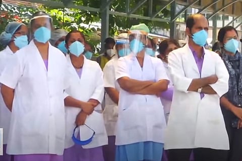 Doctors and nurses protest outside Thiruvananthapuram Medical College