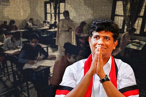 A photo of DMK MLA Ezhilan Naganathan against a background of a classroom