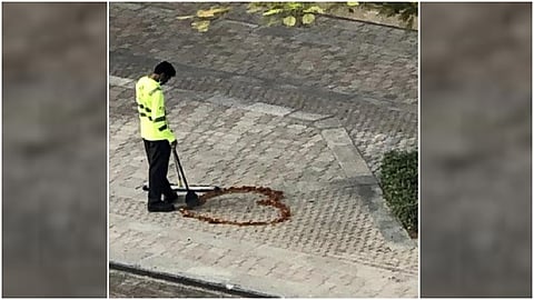 Ramesh making a heart shape with leaves in Dubai