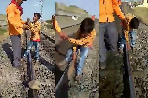 Screenshots from a video of an underage boy sabotaging train tracks