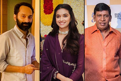 Actors Fahadh Faasil (L), Keerthy Suresh (M), and Vadivelu (R).