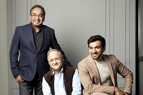 Producer Sameer Nair, historian Ramachandra Guha, and actor Pratik Gandhi