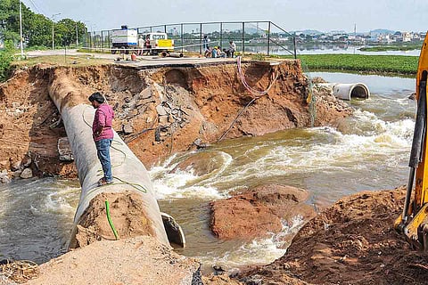 Pipe damaged after a lake breached in Hyderabad
