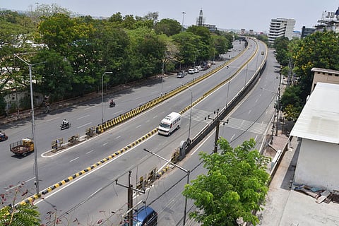 Telugu Talli flyover wears a deserted look during COVID-induced lockdown in Hyderabad.