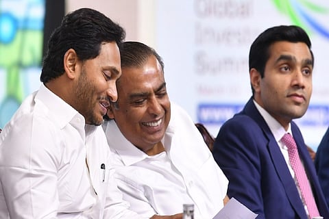 Chief Minister Jagan Mohan ReddywithMukesh Ambani and Karan Adani at Global Investors Summit 2023
