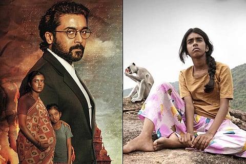 A poster from Jai Bhim on the left and an image from Maadathy: An Unfairy Tale on the right.