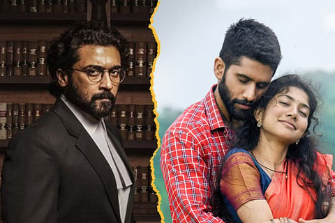 Suriya in a poster from Jai Bhim on the left and actors Sai Pallavi and Naga Chaitanya in a poster from Love Story on the right.