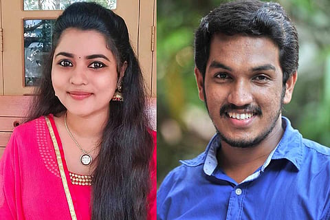 Kerala CPI(M) candidates P Midhuna on the left in a pink kurta and Jaick C Thomas on the right in a blue shirt