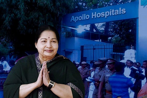 A collage of Jayalalitha against the Apollo Hospital entrance