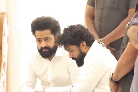 Actors Jr NTR and Kalyan Ram at Taraka Ratna house