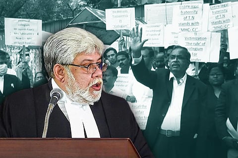 A picture of Justice Sanjib Banerjee in front of a picture of Madras HC advocates protesting
