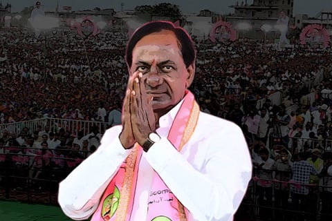 CM KCR with folded hands and people in the background