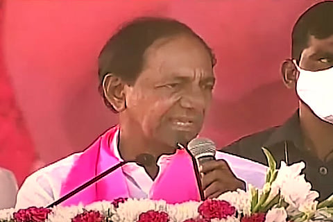 CM KCR dressed in white losing his cool during his speech in Haliya