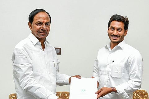 Telangana Chief Minister K Chandrasekhar Rao extends an invitation to his Andhra Pradesh counterpart YS Jaganmohan Reddy for the inauguration of Kaleshwaram Project