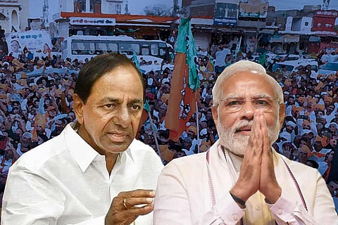 A representative picture of Telangana CM KCR on the left and PM Modi on the right in the backdrop of a political rally