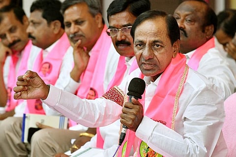 KCR addressing a press meet on March 21