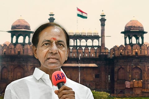 A collage of KCR and the Red Fort in the background