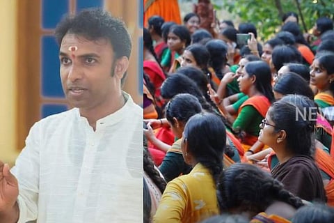 Collage of Hari Padman on left and protesting Kalakshetra students on right