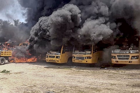 School buses burnt during the Kallakurichi school violence on July 17