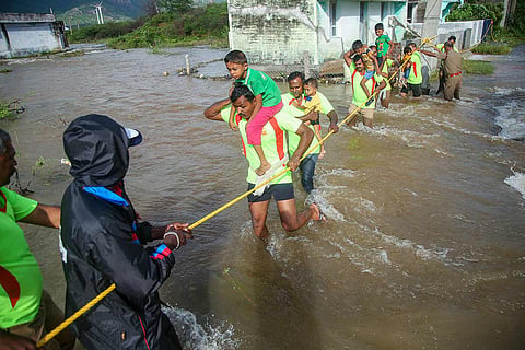 SDRF team evacuating flood victims in Kanyakumari.