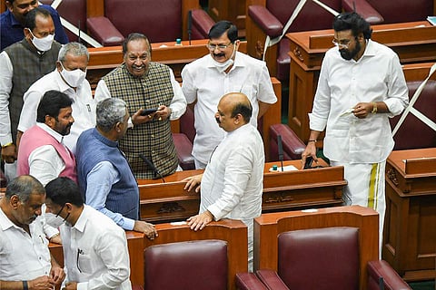 Karnataka CM Bommai seen in the state Assembly along with several MLAs
