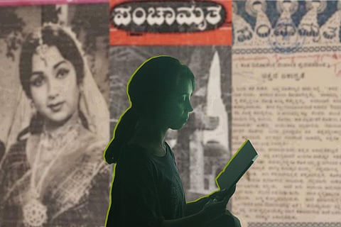 A collage of different Kannada novels and the silhouette of a reader
