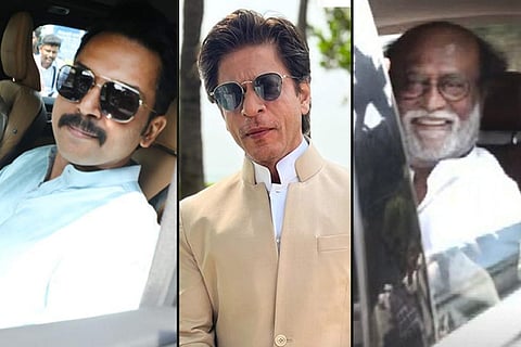 Actors Karthi (L), Shah Rukh Khan, and Rajinikanth (R).