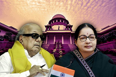 A collage of Karunanidhi and Jayalalithaa against the Supreme Court