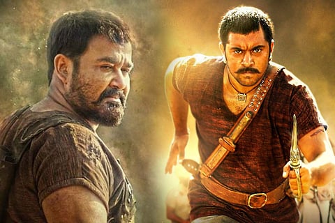 Mohanlal on the left and Nivin Pauly on the right.