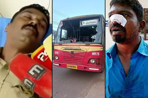 Collage of an injured police official, damaged KSRTC bus and an injured lorry driver