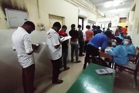 Blood donors queue at a Kozhikode hospital