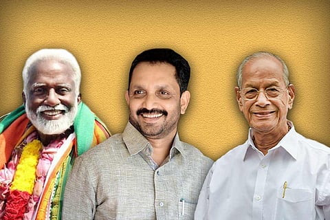 A collage of Kummanam Rajasekharan, K Surendran and E Sreedharan