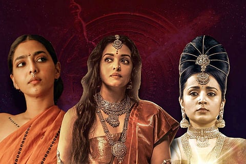 Aishwarya Lekshmi as Poonguzhali, Aishwarya Rai as Nandini, and Trisha as Kundavai in PS-1