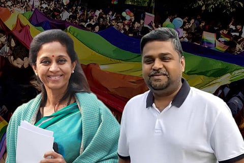 DMK MP Dr S Senthil Kumar and NCP MP Supriya Sule against the backdrop of pride flag