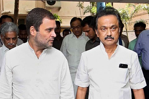 Congress leader Rahul Gandhi and DMK chief MK Stalin in conversation walking side by side