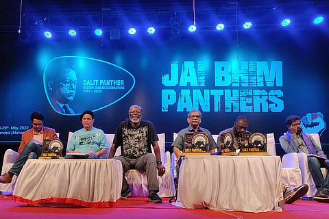 (L to R) Henry Gaddis, Michael ‘Mac’ McCarty, JV Pawar, Jakobi Williams and Bharthi Prabhu at the Dalit Panther-Black Panther conference held at Nanded on May 28 and 29.