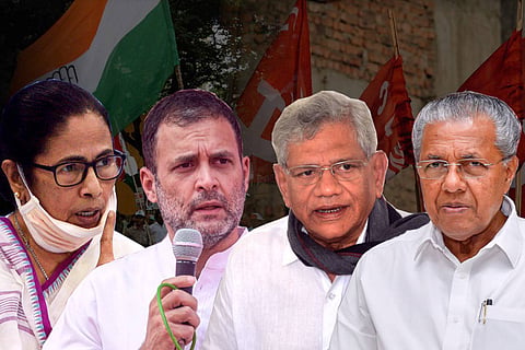 A collage of Mamata Banerjee, Rahul Gandhi, Sitaram Yechury and Pinarayi Vijayan